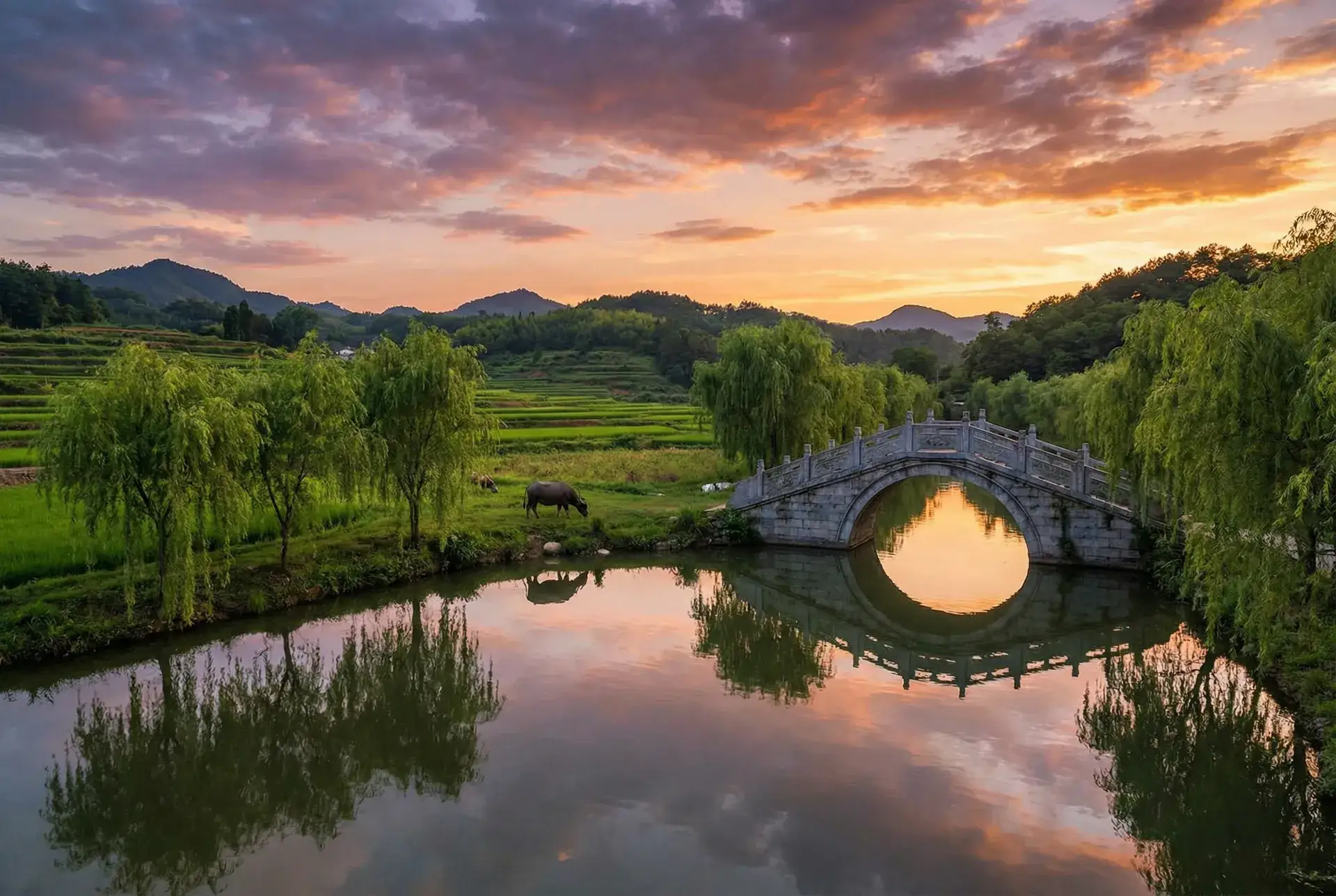 夕阳下的石拱桥与垂柳，水牛在河边吃草 - 中文字AV字幕在线观看 乡村美景